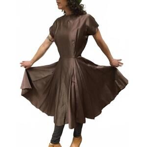1950s Brown Shiny Satin Hand-Tailored Cocktail/Party Dress  XS/S